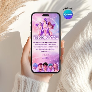 May include: A smartphone displays a digital invitation with a K-Pop theme. The design features a purple star, three figures, and the words "THANK YOU." Text includes "From music, cake, and shining lights..." and "With love, Scarlet."