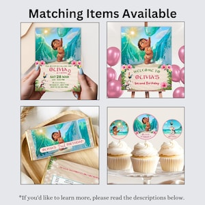A collage image displaying matching party items including a birthday invitation, welcome sign, chocolate wrappers, and cupcake toppers. All designs share the same Baby Moana theme with tropical flowers, ocean waves, and soft beach colors.