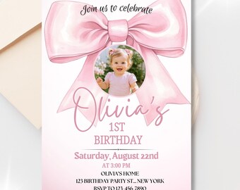 Girl First Birthday Invitation with Photo, Pink Coquette Bow Party Invite, Editable Canva Template