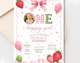 One Happy Girl Photo Birthday Invitation | Berry First Birthday Invite | Strawberry 1st Birthday Canva Template