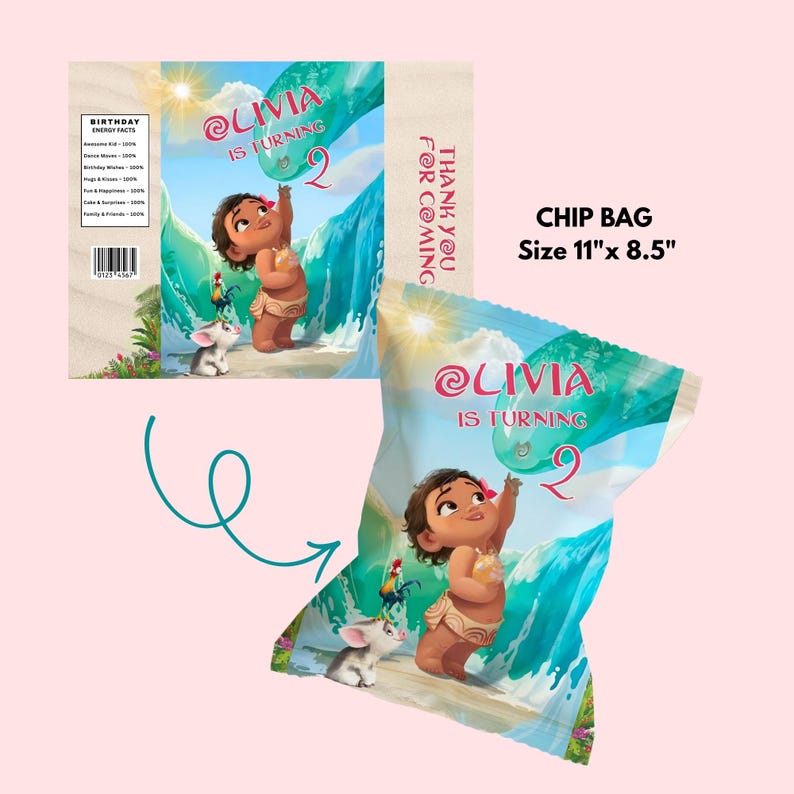 Flat layout of chip bag design showing front and back with tropical colors and birthday text.