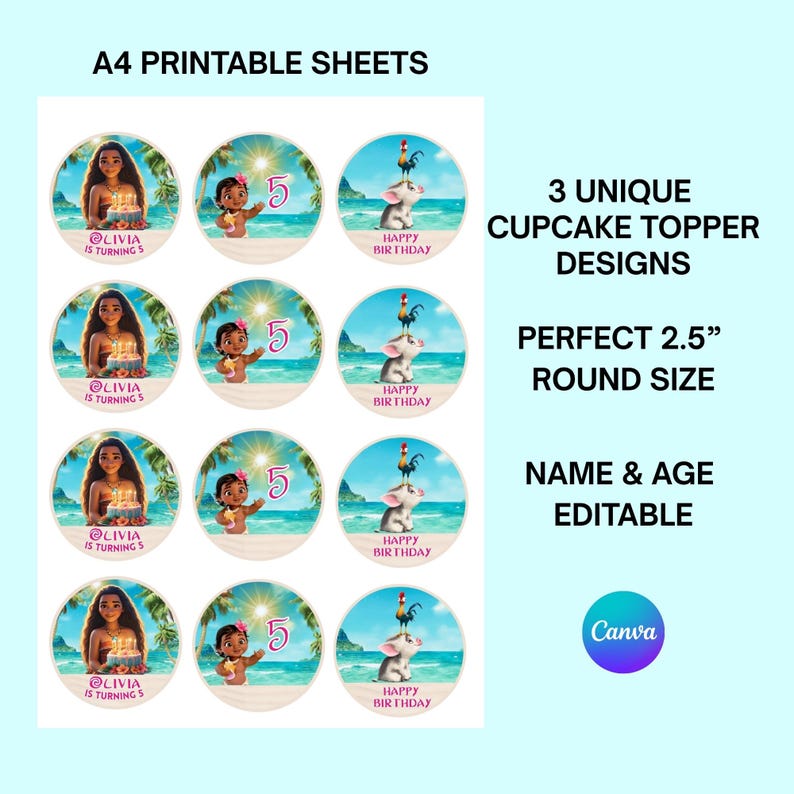 Printable sheet of tropical Moana-style cupcake toppers with three different round designs, including a girl holding a cake, a baby with number 5, and a pig with a rooster on the beach, set against an ocean and palm tree background.