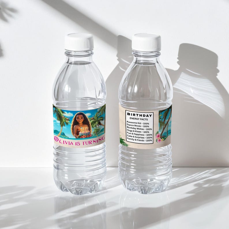Water bottle labels wrapped around plastic bottles with beach background and birthday text details.