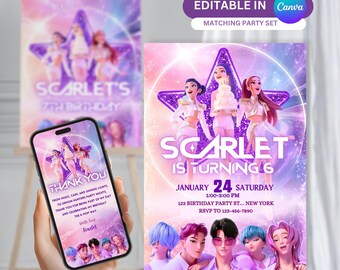 Kpop Demon Hunters Birthday Invitation | Editable Canva Invitation, Welcome Sign & Mobile Thank You