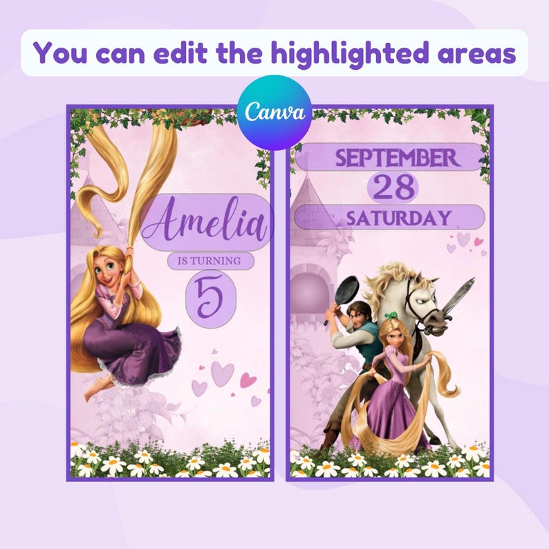 May include: Two-panel birthday party invitation featuring a cartoon princess with long blonde hair. The left panel says "Amelia is turning 5". The right panel shows a castle, a horse, and the date "September 28 Saturday".