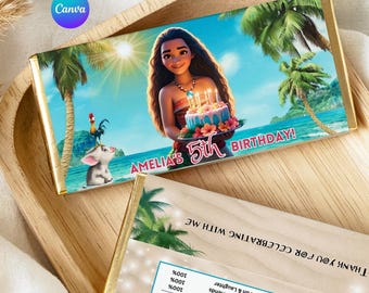 Bearbeitbare Moana-Schokoriegelverpackung, tropisches Schokoriegeletikett, Canva-Vorlage