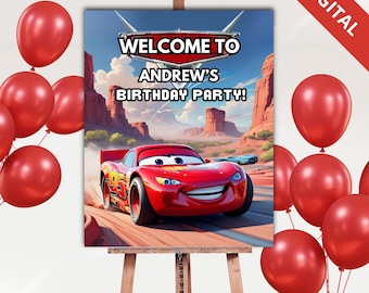 Cars Birthday Welcome Sign - Lightning McQueen Poster - Editable Canva - Instant Download