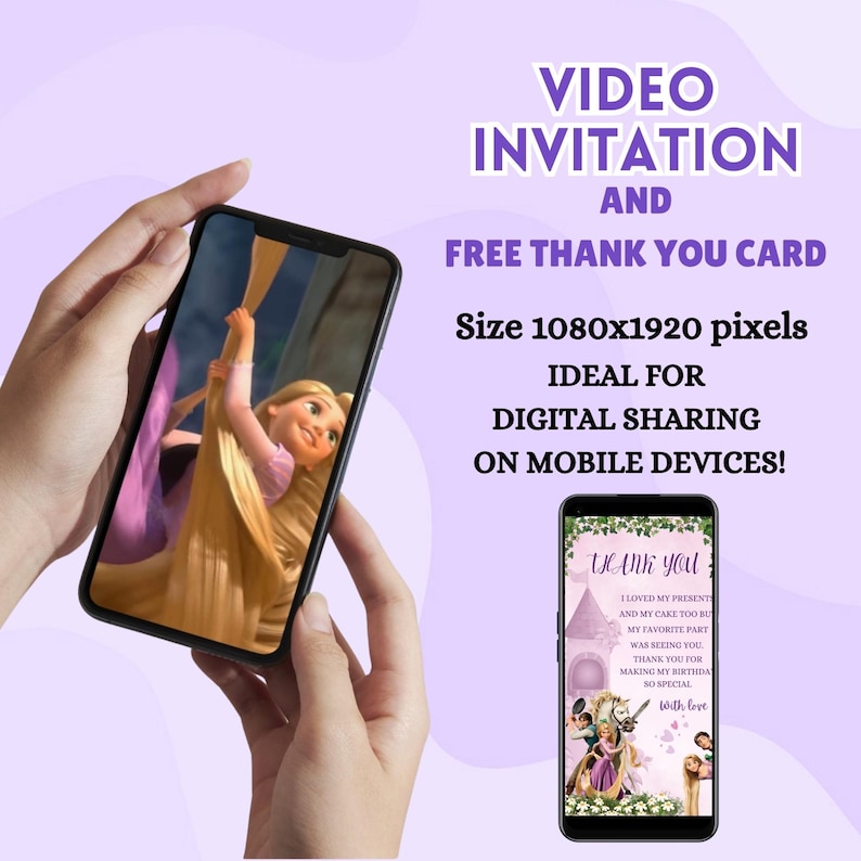 Animated text in soft pink and purple reveals birthday details. A preview of the matching thank you card appears in a panel, showing characters from the movie Tangled with decorative floral borders. The invitation is optimized for mobile viewing and easy sharing.