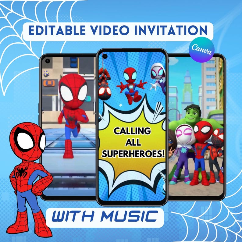 Spidey and His Amazing Friends classic video birthday invitation for kids, in a vibrant red and blue superhero theme. Editable in Canva and downloadable as an MP4.
