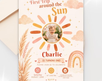 First Trip Around the Sun Photo Invitation | Boho First Birthday Invite | Editable Canva Template