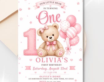 Pink Teddy Bear 1st Birthday Invitation Template, Our Little Bear Party Invite, Editable Canva