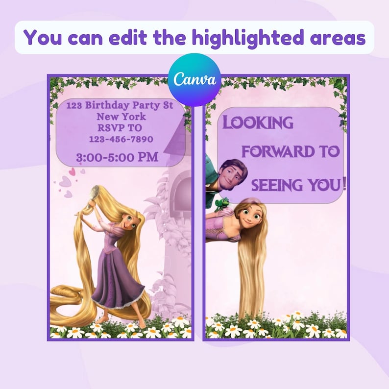 May include: A purple and white birthday party invitation with the text "You can edit the highlighted areas" and "Canva". The invitation features illustrations of a princess and a prince, with the text "Looking forward to seeing you!"