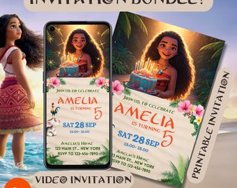 Moana Birthday Invitation Bundle Editable Video evite and Printable Invitation Instant Download Canva Template