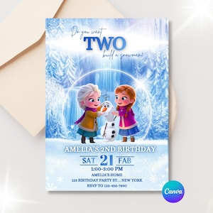 May include: A birthday party invitation featuring the characters Elsa and Anna from Frozen, building a snowman. The invitation includes the text "Do you want to build a snowman?" and details for Amelia's 2nd birthday party.