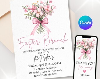 May include: Pink floral invitation for an Easter brunch hosted by The Miller's. The invitation includes the date, time, location, and RSVP information.