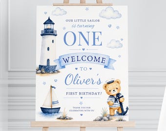 Little Sailor 1st Birthday Welcome Sign, Nautical Teddy Bear Party Decor, Editable Canva Template for Boys