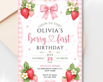 Berry First Birthday Invitation | Pink Strawberry Invite for a Girl's 1st Birthday | Canva Template