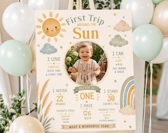 First Trip Around the Sun Milestone Board, Neutral 1st Birthday Sign, Boy or Girl Photo Board