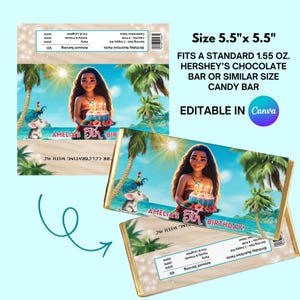 Tropical Moana-style chocolate bar wrapper with beach scene, birthday cake, and personalized name and age, sized to fit standard Hershey’s bar.