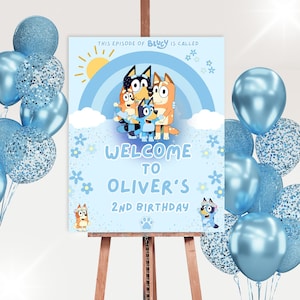 Letrero de bienvenida de cumpleaños de Bluey Póster de fiesta de Bluey Decoración Descarga instantánea Canva