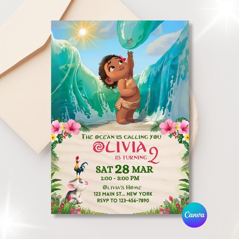 Close-up flat version of the same Moana invitation design with bright ocean waves, tropical flowers, and island characters.