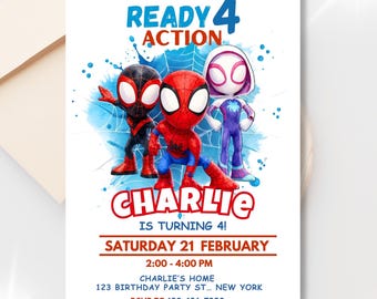 Spidey 4th Birthday Invitation, Ready 4 Action Superhero Party Invite, Editable Canva Template
