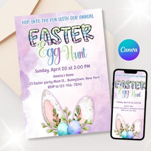 May include: An invitation to an Easter egg hunt with a watercolor background and bunny ears. The text reads "Hop into the fun with our annual Easter Egg Hunt. Sunday, April 20 at 2:00 PM. Amelia's Home. 123 Easter party Main St... Bunnytown, New York. RSVP to 123-456-7890."