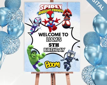 Letrero de bienvenida de cumpleaños de Spidey y sus amigos: Decoración para fiesta de superhéroes (Descarga digital, Canva editable)