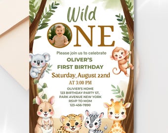 Wild One Photo Invitation, Safari Animal First Birthday, Editable Canva Template