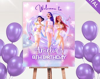 Letrero de bienvenida de Cazadores de Demonios Kpop (Canva) editable, póster de cumpleaños Kpop, decoración para fiesta de Rumi