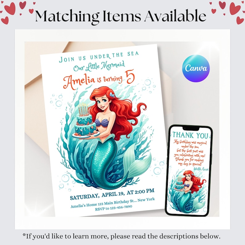 Puede incluir: Una invitaci&oacute;n imprimible para una fiesta de cumplea&ntilde;os con tem&aacute;tica de la sirenita. La invitaci&oacute;n presenta una imagen de dibujos animados de Ariel, la sirenita, sosteniendo un pastel de cumplea&ntilde;os. El texto de la invitaci&oacute;n dice: "&Uacute;nete a nosotros bajo el mar, Nuestra Sirenita, Amelia cumple 5 a&ntilde;os. S&aacute;bado 19 de abril, a las 2:00 PM. Amelia's Home 123 Main Birthday St... New York. RSVP al 123-456-7890."
