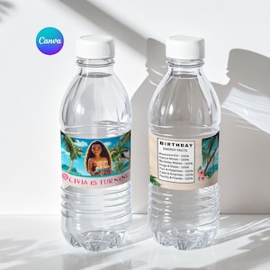 Two clear plastic water bottles placed on a light surface. Each bottle has a tropical-themed label wrapped around it. One label shows a smiling island girl holding a birthday cake with palm trees and ocean in the background, and the text “Olivia is turning 5.” The second label shows a fun “birthday energy facts” design with playful text and tropical decorations.