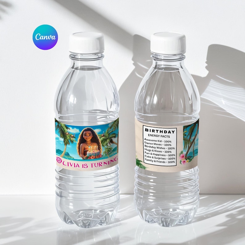 Two clear plastic water bottles placed on a light surface. Each bottle has a tropical-themed label wrapped around it. One label shows a smiling island girl holding a birthday cake with palm trees and ocean in the background, and the text “Olivia is turning 5.” The second label shows a fun “birthday energy facts” design with playful text and tropical decorations.