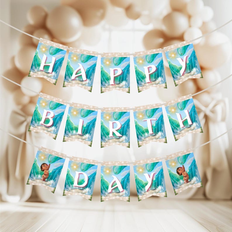 A “Happy Birthday” banner made of small flag cards strung together, each with ocean-themed background and letters.