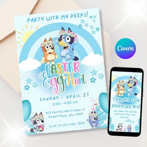 Convite para caça aos ovos de Páscoa Bluey - Convite digital editável - Festa de Páscoa infantil - Celebração da primavera - Modelo Canva para impressão