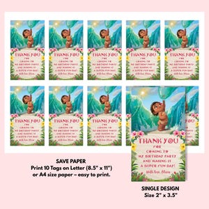 A printable sheet displaying multiple identical baby Moana favor tags arranged in rows for easy cutting. Each tag features a tropical beach scene with bright blue waves, sunshine, and a baby island girl character in the center.