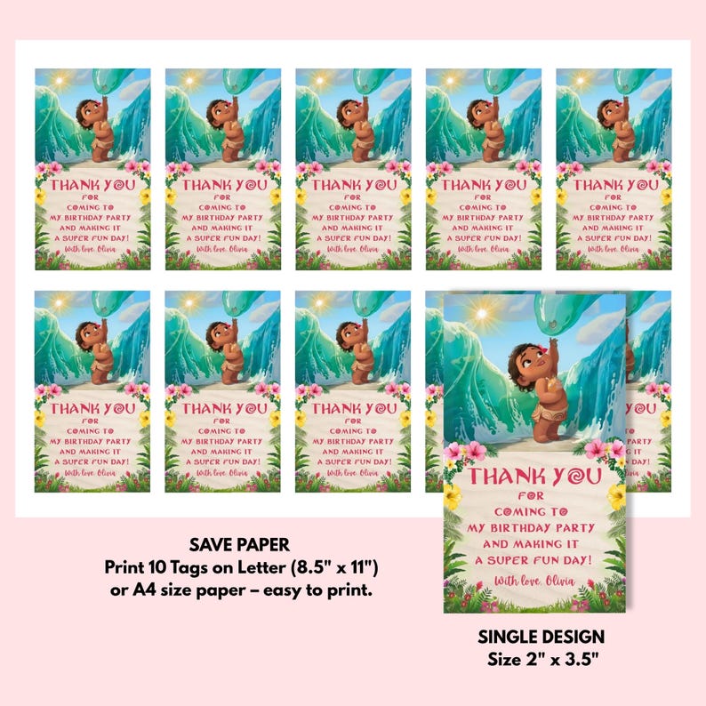 A printable sheet displaying multiple identical baby Moana favor tags arranged in rows for easy cutting. Each tag features a tropical beach scene with bright blue waves, sunshine, and a baby island girl character in the center.
