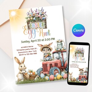 May include: An invitation to an Easter egg hunt with a watercolor illustration of a red tractor with a bunny on top, a bunny pulling a wagon full of colorful eggs, and a sun shining in the background. The text on the invitation reads "Easter Egg Hunt, Sunday, April 20 at 2:00 PM".