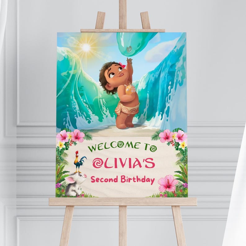 Another version of the welcome sign on a plain background, showing tropical flowers, ocean waves, and cartoon characters.