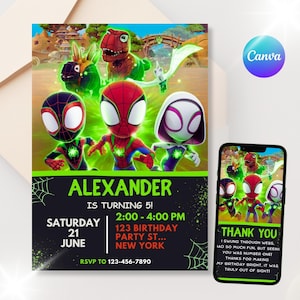Convite de aniversário do Aranha | Convite editável do Aranha e seus incríveis amigos com teias de dinossauro | Download instantâneo | Convite digital para festa de dinossauro