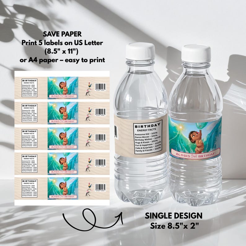 Printable sheet of water bottle labels arranged for easy printing and cutting.