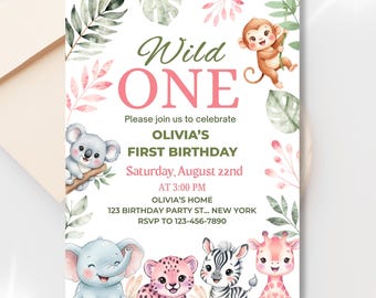 Girl Wild One Birthday Invitation, Pink Safari First Birthday, Editable Canva Template