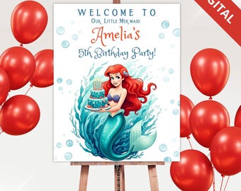 Ariel Birthday Welcome Sign - Ariel Water Splash Party Poster - Editable Canva Template | Instant Download