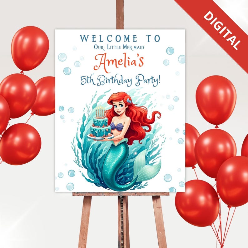 A beautifully illustrated Little Mermaid birthday welcome sign featuring Ariel surrounded by swirling ocean waves. She holds a stunning blue birthday cake, with bubbles and water splashes accentuating the underwater theme, creating a lively and magical mermaid-inspired design.