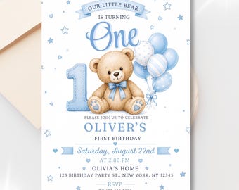 Blue Teddy Bear 1st Birthday Invitation, Our Little Bear Canva Template for Boys, Printable