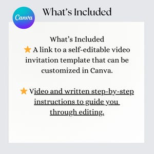 May include: A white graphic with the text "What's Included" and the Canva logo. The text describes a self-editable video invitation template and step-by-step instructions for editing.