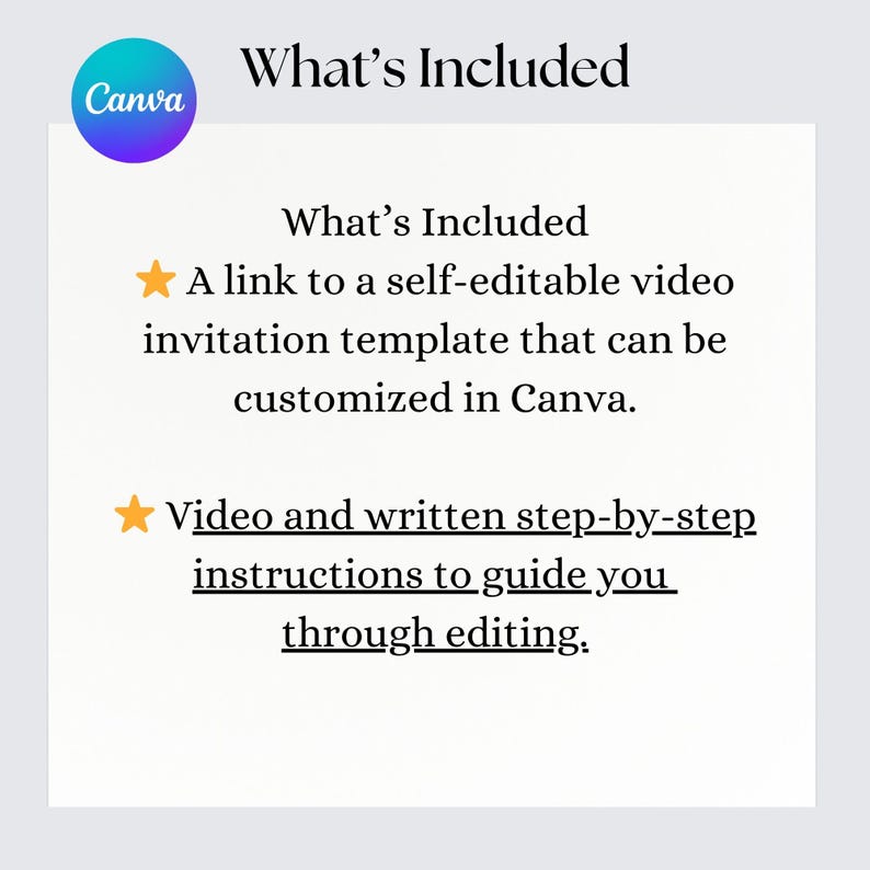 May include: A white graphic with the text "What's Included" and the Canva logo. The text describes a self-editable video invitation template and step-by-step instructions for editing.