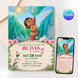 Convite de aniversário da Baby Moana, convite de aniversário da Moana havaiana, convite para festa de verão na praia tropical, download digital editável