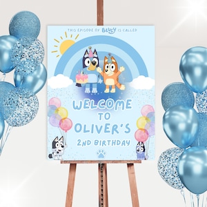 Letrero de bienvenida de cumpleaños de Bluey / Póster de fiesta de Bluey editable / Descarga instantánea / Letrero de cumpleaños personalizado