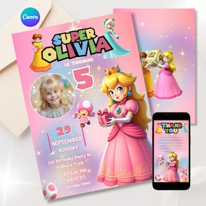Invitación de cumpleaños de la princesa Peach con foto editable Invitación de fiesta de Mario Invitación de cumpleaños de niña rosa Descarga instantánea
